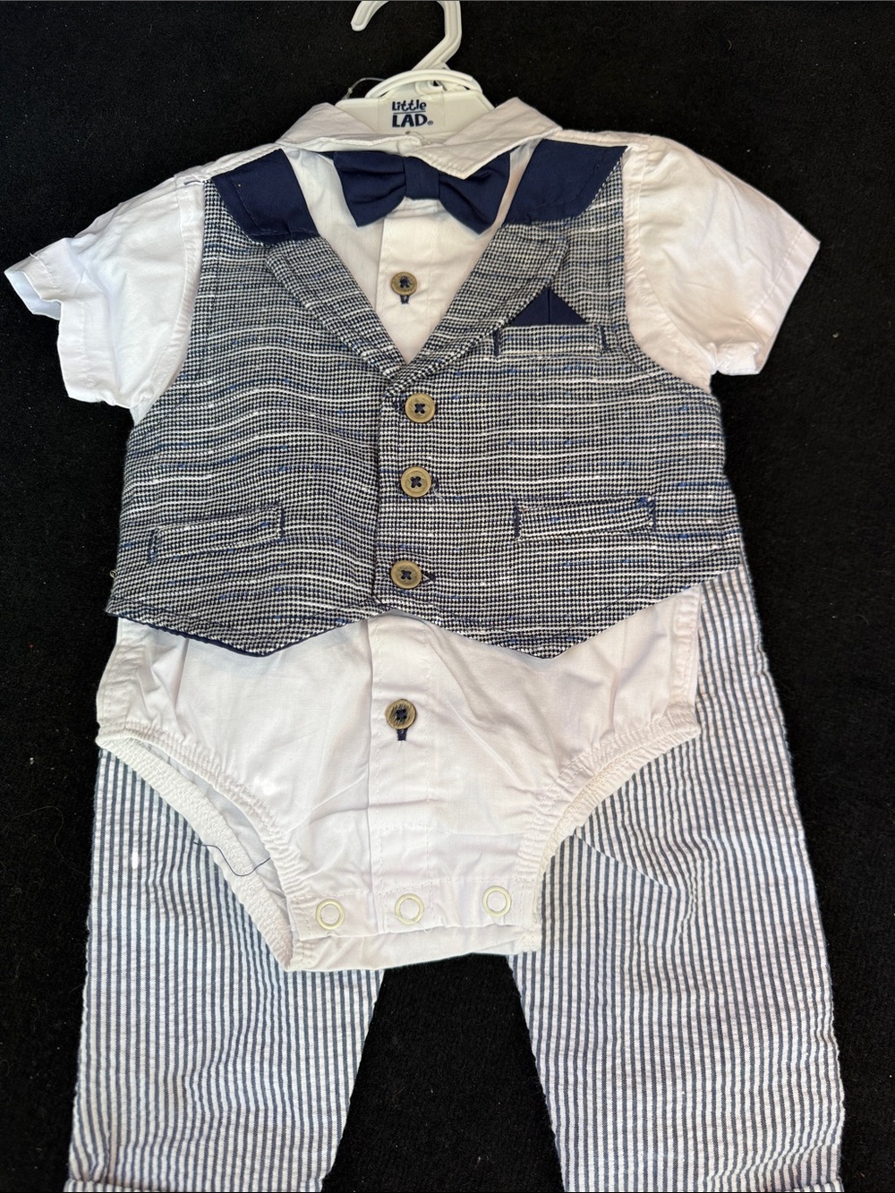 Little Lad Navy & White Seersucker-Style Baby One-Piece with Vest and Bow